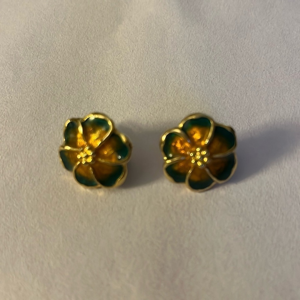 Vintage green and orange enamel clip-on earrings.